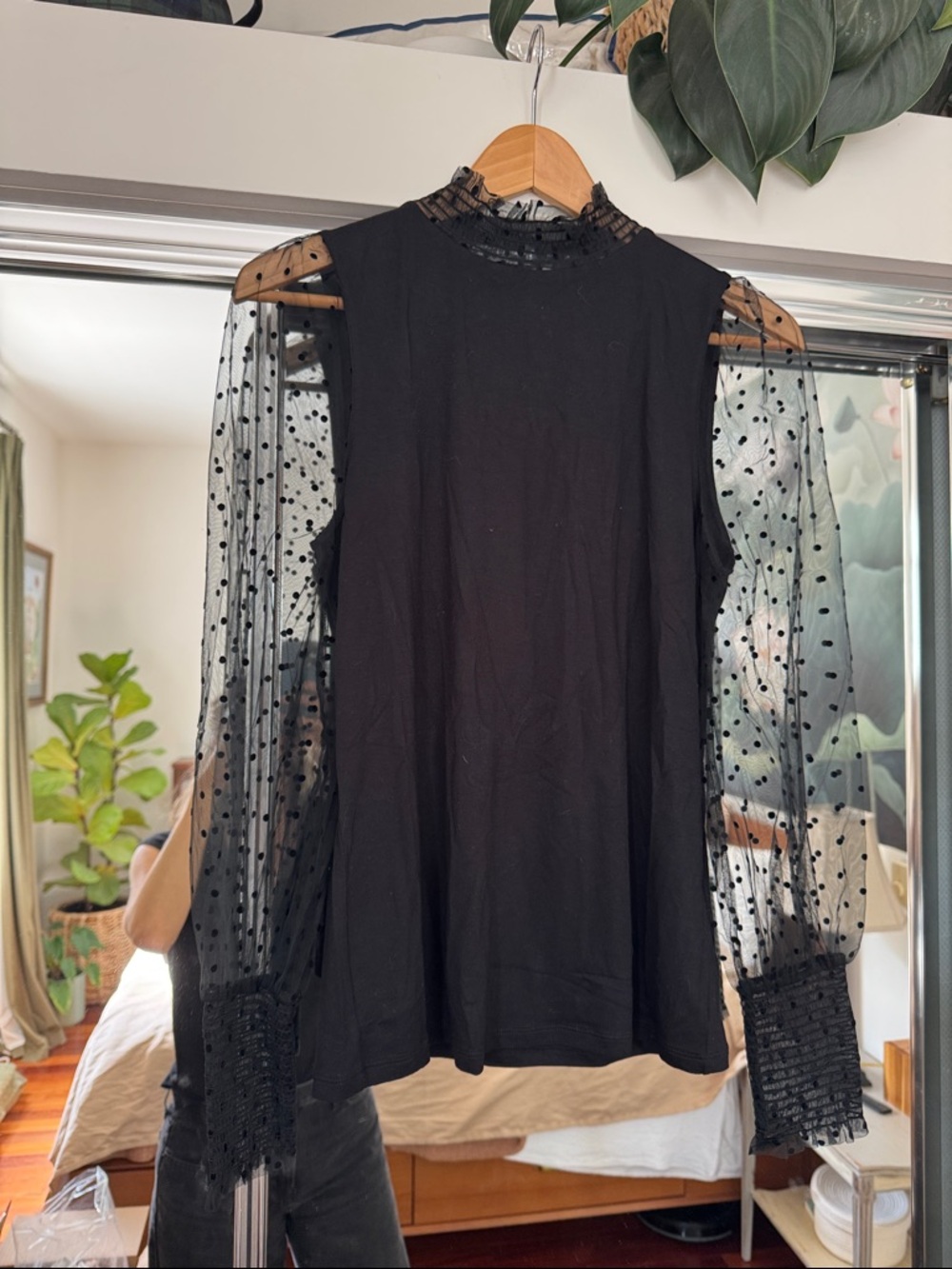 Boden Black Polka Dot Mesh Sleeve Mock Neck Blouse